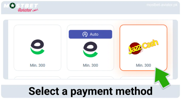 Select the Deposit Method in Mostbet Aviator PK